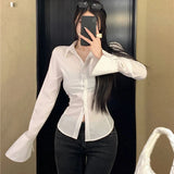 Yidouxian Women Bandage Shirts Streetwear White Flare Long Sleeve Slim Blouses Spring Korean Fashion Black Lace Up Casual All Match Tops