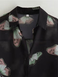 Yidouxian New 2024 Women Butterfly Print Shirt Long Sleeve Lapel Collar Ladies Casual Chiffon Blouse Loose Blusas Mujer