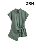 Yidouxian Poplin Shirts for Women, Front Knot with Ties, Short Sleeve, Button-up, Female Blouses, Chic Tops, Fashion