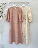 Yidouxian French Fashion Floral Embroidery Dress Women Puff Sleeve Casual Dresses Spring Casual O Neck High Waist Clothing
