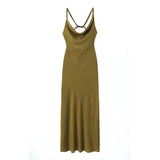 Yidouxian New Women Olive Green Satin Slip Dress Crossed Double Thin Strap Back Flowy Neckline Female Party Sexy Dresses