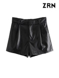 Yidouxian ZRN-Women's Faux Leather Shorts with Side Pockets, High Waist, Zipper Fly, Female Short Pants, Chic Fashion