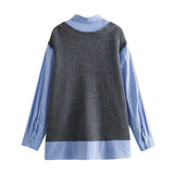 Yidouxian Women Patchwork Shirt Style Knit Sweater Long Sleeve Lapel Collar Female Oversize Pullover