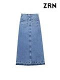 Yidouxian ZRN-Women's Front Slit Denim Midi Skirt with Pockets, High Waist, Zipper Fly, Female Skirts, Fashion