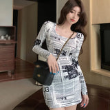 Yidouxian Women Fashion Dress Newspaper Print Square Collar Casual Sexy Slim Long Sleeve Dress