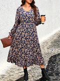 Yidouxian Size 1XL-5XL Casual Dress Women's Plus Floral Print Lantern Sleeve V Neck Smock Dress