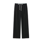 Yidouxian ZRN-Women's Double Waistband Wide Leg Pants, High Elastic Waist With Drawstring, Side Pockets, Female Trousers, Fashion