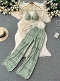 Yidouxian Women Summer Knitted Set Halter Short Tops+ Hollow Wide Leg Long Pants Sets Shell Beach Sexy Backless Two Piece Suits