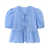 Yidouxian New 2024 Women Bow Lacing Up Puff Sleeve Crop Blouse Office Lady Shirt Chic Chemise Blusas Summer Tops