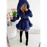 Yidouxian new fur patchwork jacket for winter warmth, ruffled brim hood and waistband jacket