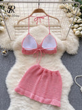 Yidouxian Strawberry Sweet Beach Two Pieces Sets Halter Backless Camis+Short Skirts Fashion Hook Flower Hollow Out Beach Suits