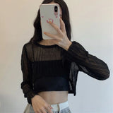 Yidouxian Out T Shirts Women Korean O Neck Loose Sunscreen Fashion All Match Tees Summer Long Sleeve Solid Thin Crop Tops