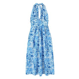 Yidouxian 2024 Women Sexy Backless Halter Blue Floral Print Midi Dresses Sleeveless Female Holiday Summer Dresses