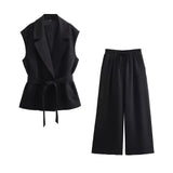 Yidouxian Women Fashion With Belt Linen Waistcoat And High Elastic Waist Wide Leg Pants Female Two Pieces Sets Mujer