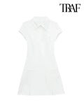 Yidouxian ZRN-Women's Front Zipper Pleated Mini Dress, Shirt Collar, Short Sleeves, Female Dresses, Fashion