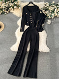 Yidouxian Senior Knitted Suits Fashion Metal Button Vest+V Neck Long Sleeves Cardigans+Wide Legs Pants Stripe Three Pieces Sets