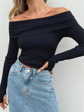 Yidouxian Women Off Shoulder Crop Tops Pullovers Solid Color Ribbed Slash Neck Sweaters Long Sleeve Exposed Navel Knitwear 2024