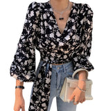 Yidouxian Women's Floral Print Blouse V Neck Lace Exposed Navel Long Sleeves Chiffon Shirts Tops