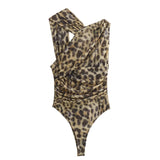 Yidouxian Sexy Women Draped Asymmetrical Mesh Bodysuit Leopard Romper Summer Body Mujer Playsuit Tops