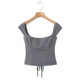 Yidouxian Y2K Women Lace Up Bandage Back Gray Crop Top Short Sleeve Square Neck Ladies Sexy Chic Tops