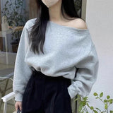 Yidouxian Spring French Style Hoodies Women Diagonal Collar Irregular Off Shoulder Versatile Long Sleeve Top Sweatshirt Outwear