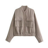 Yidouxian Women Fashion Patch Pockets Linen Bomber Jacket Coat Vintage Long Sleeve Snap-button Female Outerwear Chic Tops