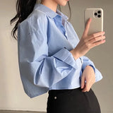 Yidouxian Shirts Women Korean Chic Loose Solid Long Sleeve Crop Tops Female Casual Elegant Button Split Turn Down Collar Blouse