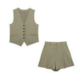 Yidouxian ZRN-Women's Front Button Linen Waistcoat and High Waist Bermuda Shorts, Female Two Piece Sets, Fashion