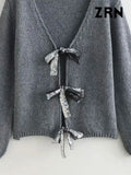 Yidouxian ZRN-Women's Front Sequined Bow Tied Knit Cardigan Sweater, V Neck, Long Sleeve, Female Outerwear, Chic Tops, Fashion