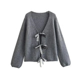 Yidouxian ZRN-Women's Front Sequined Bow Tied Knit Cardigan Sweater, V Neck, Long Sleeve, Female Outerwear, Chic Tops, Fashion