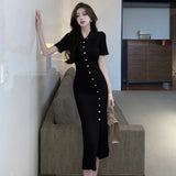 Yidouxian Elegant Knitted Dress Women French Style Turn-down Collar Short Sleeve Button Up Slim Bodycon Dresses Knitwear Mermaid