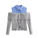 Yidouxian Women Open Design Patchwork Cardigan Vintage Lapel Collar Long Sleeve Female Crop Knitwear