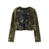 Yidouxian ZRN-Women's Long Sleeve Sequined Cropped Jacket, O Neck Coat, Female Outerwear, Chic Tops, Bow Tied