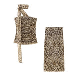 Yidouxian ZRN-Women's Strapless Leopard Tulle Draped Bustier Tops and High Waist Long Skirt, Female Two Pieces Sets, Sexy Fashion