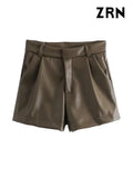 Yidouxian ZRN-Women's Faux Leather Shorts with Side Pockets, High Waist, Zipper Fly, Female Short Pants, Chic Fashion