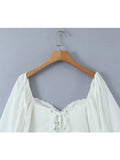 Yidouxian Sexy Women Lace Spliced White Crop Blouse Vintage Lantern Sleeve Back Bandage Backless Ladies Summer Tops