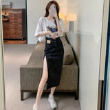 Yidouxian Skirts Women A-line Solid Slim Side Slit Long High Waist Denim Skirt Wrap Hip Streetwear