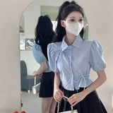 Yidouxian Sleeve Blue Shirt Women Summer Chic Hollow Solid All Match Ladies Blouse Korean Fashion Elegant Bow Short Top Female