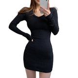 Yidouxian Autumn/Winter Dress Solid V-neck Slim Fit Sexy Wrap Hip Elastic Long Sleeve Dress