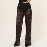 Yidouxian Women¡¯s Y2K Vintage Sheer Lace See-through Pants Gothic High Waist Wide Leg Flare Bell-Bottoms Trousers Streetwear