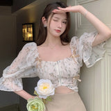 Yidouxian Clothes Women Flower Lace Short Women's T-Shirt Square Neck Bubble Sleeves Chiffon Tops