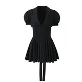 Yidouxian Sweet Women Lace Trim Peter Pan Collar Cotton Black Dress Vintage Puff Sleeve With Belt Ladies Party Mini Dresses Summer