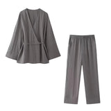 Yidouxian Women Fashion With Tied Textured Crossover Kimono Blouses And Mid Elastic Waist Pants Female Two Piece Sets Mujer