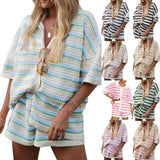 Yidouxian Women's Pajamas Set 2 Pieces Loungewear Suits Stripe Contrast Color Button Down Crochet Knit Tops and Hollow Shorts