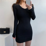 Yidouxian Autumn/Winter Dress Solid V-neck Slim Fit Sexy Wrap Hip Elastic Long Sleeve Dress