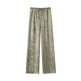 Yidouxian ZRN-Women's Metallic Straight Pants, High Elastic Waist with Drawstring, Female Trousers, Fashion