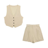 Yidouxian ZRN-Women's Side Vents Cropped Waistcoat and High Waist Bermuda Shorts, Female Two Piece Sets, Chic Fashion