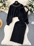 Yidouxian Pearls Knitted Suits Winter O Neck Long Sleeves Pullover+Strap Slim Bodycon Dress Female Elegant Striped Sweater Sets