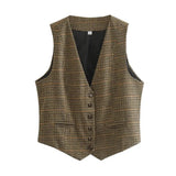 Yidouxian ZRN-Women's Front Button Houndstooth Waistcoat, V Neck Sleeveless Vest, Female Outerwear, Chic Tops, Fashion