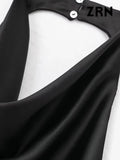 Yidouxian Women Fashion Satin Flowing Halterneck Tank Tops Sexy Backless With Button Female Camis Mujer